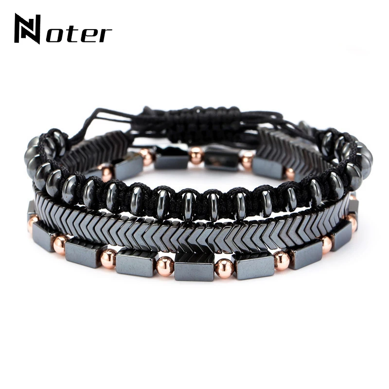 Noter 3pcs/set Mens Bracelet Set Braided Rope Braslet Natural Hematite Braclet Stone Adjustable Male Charm Brazalete Accessories