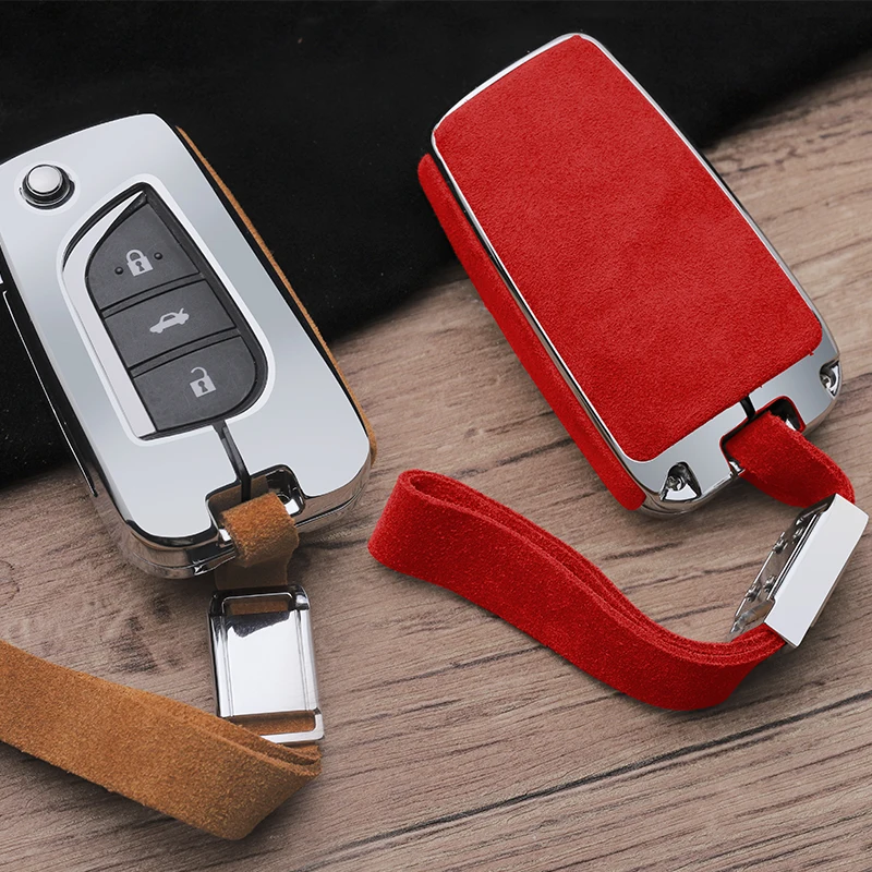 Galvanized Alloy Suede leather splicing Car Key Cover Case for Toyota Camry Mark X RAV4 PRADO COROLLA HIGHLANDER 2 3 Buttons Key