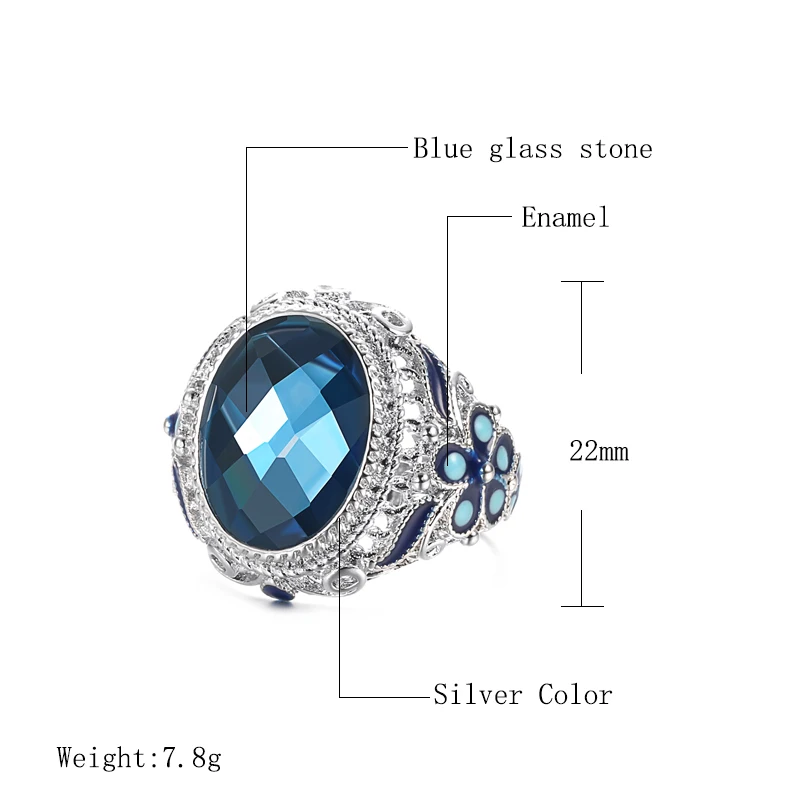 Kinel Chinese Style Colorful Enamel Ring for Women Fashion Tibetan Silver Blue Glass Stone Ring Vintage Jewelry Wholesale