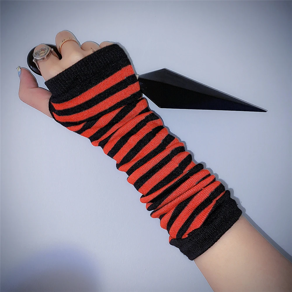 Gothic Harajuku Punk Style Rose Red Stripe Half Finger Long Glove Hot Girl 9 Colors Length Sleeve Fingerless Gloves Streetwear