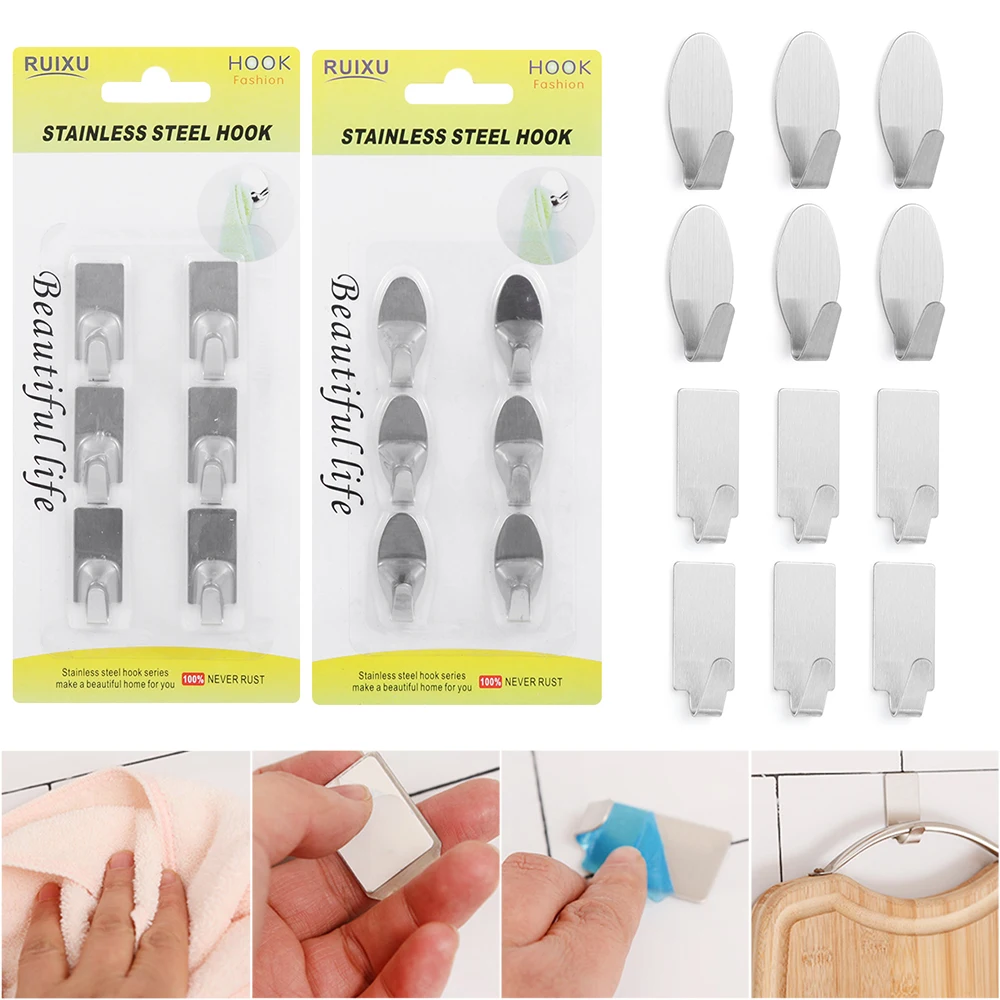 6pcs/pack Wall Hooks Self Adhesive Cloth Hanger Stainless Steel Strong Sticky Bathroom Hardware Kitchen Hook Home Storage Hanger