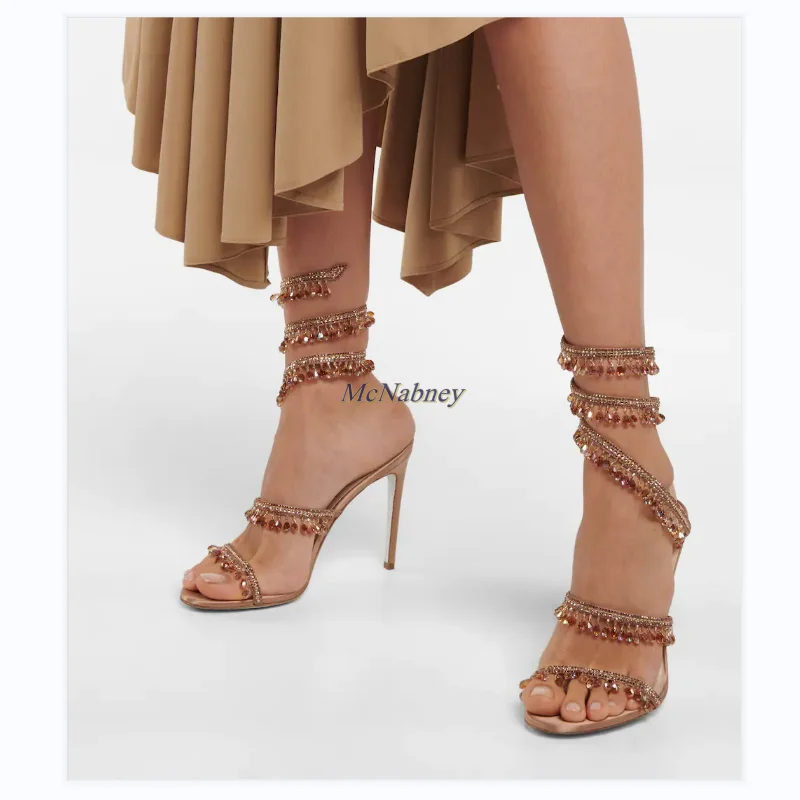 New Women Snake-like Sandals Chandelier Embellished Satin Sandals Ankle Straps Shimmering Crystals Summer Shoes Handmade