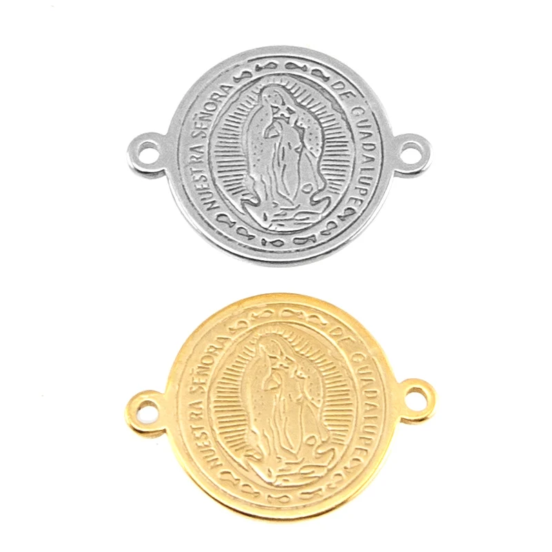 Risul Our Lady virgen de guadalupe stainless steel 14mm small charms gold color medal tags round 2 loops Pendant 10pcs