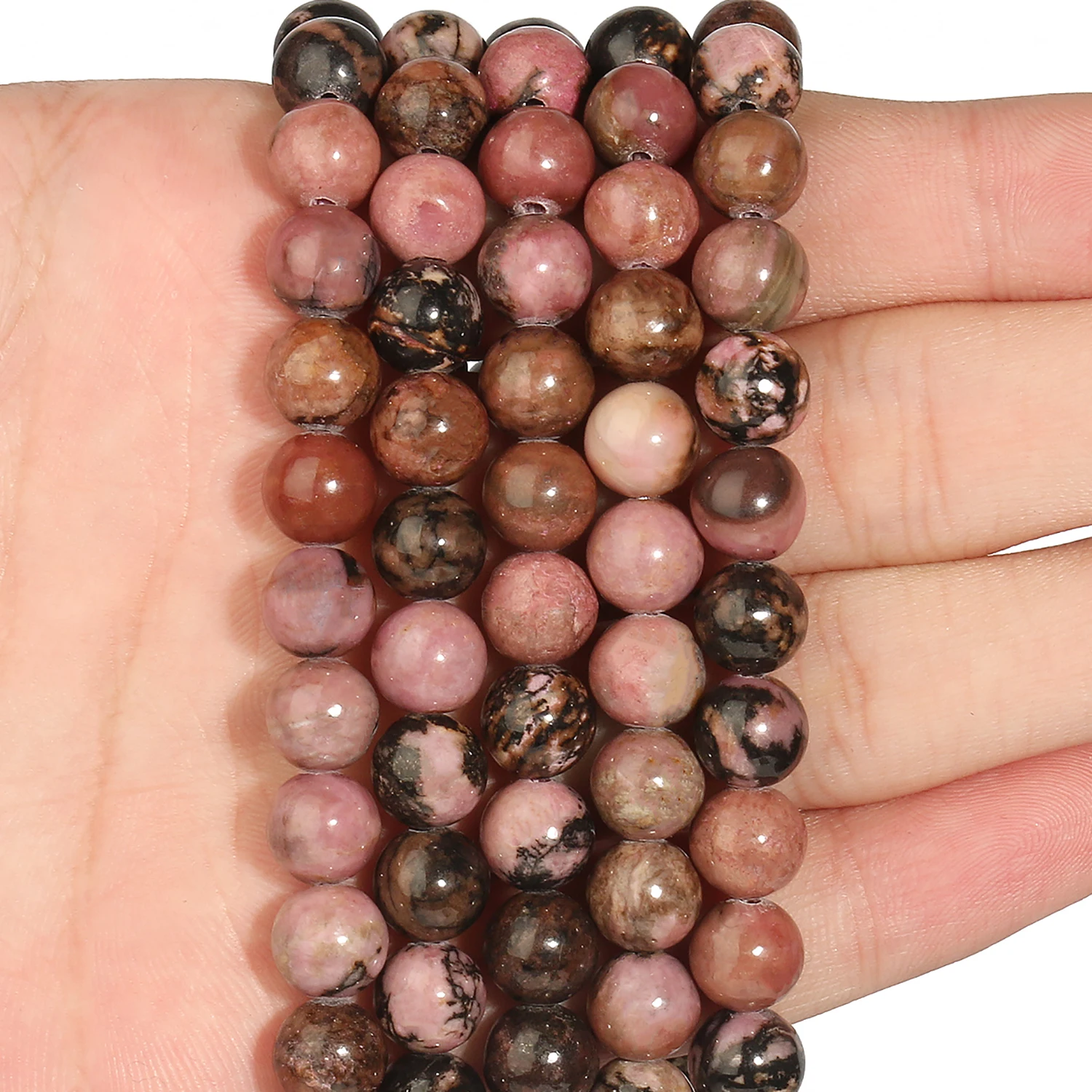 Natural Stone Black Lace Rhodonite Beads Smooth Round Loose Spacer Beads for Jewelry Design Making Bracelet DIY Necklace 15\