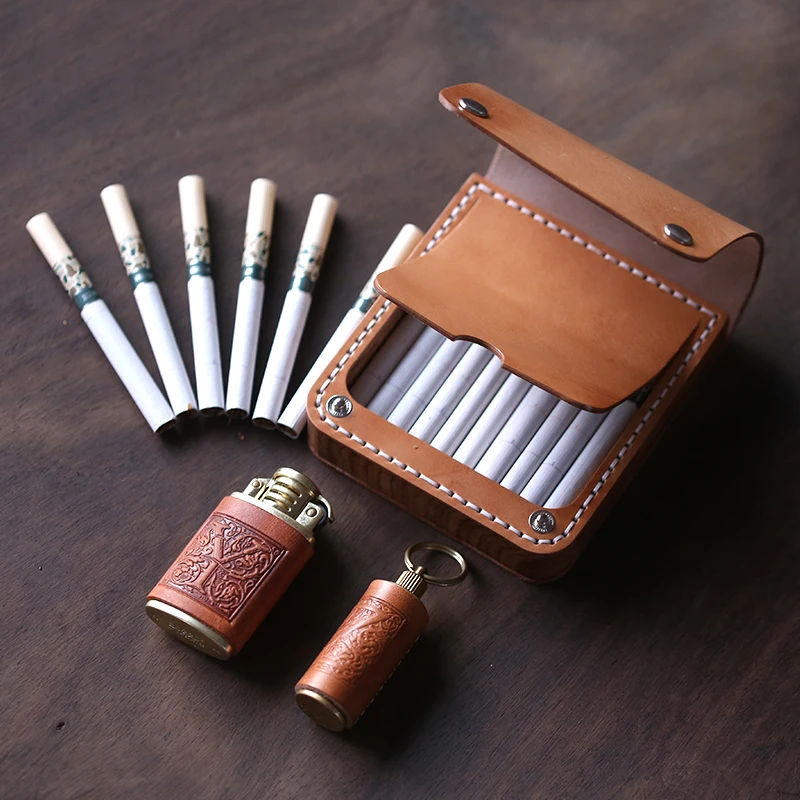 Handmade Wooden Leather Cigarette Case Portable 20 Sticks Moisture-proof Clamshell Snap Button Retro Cigarette Storage Box Gifts