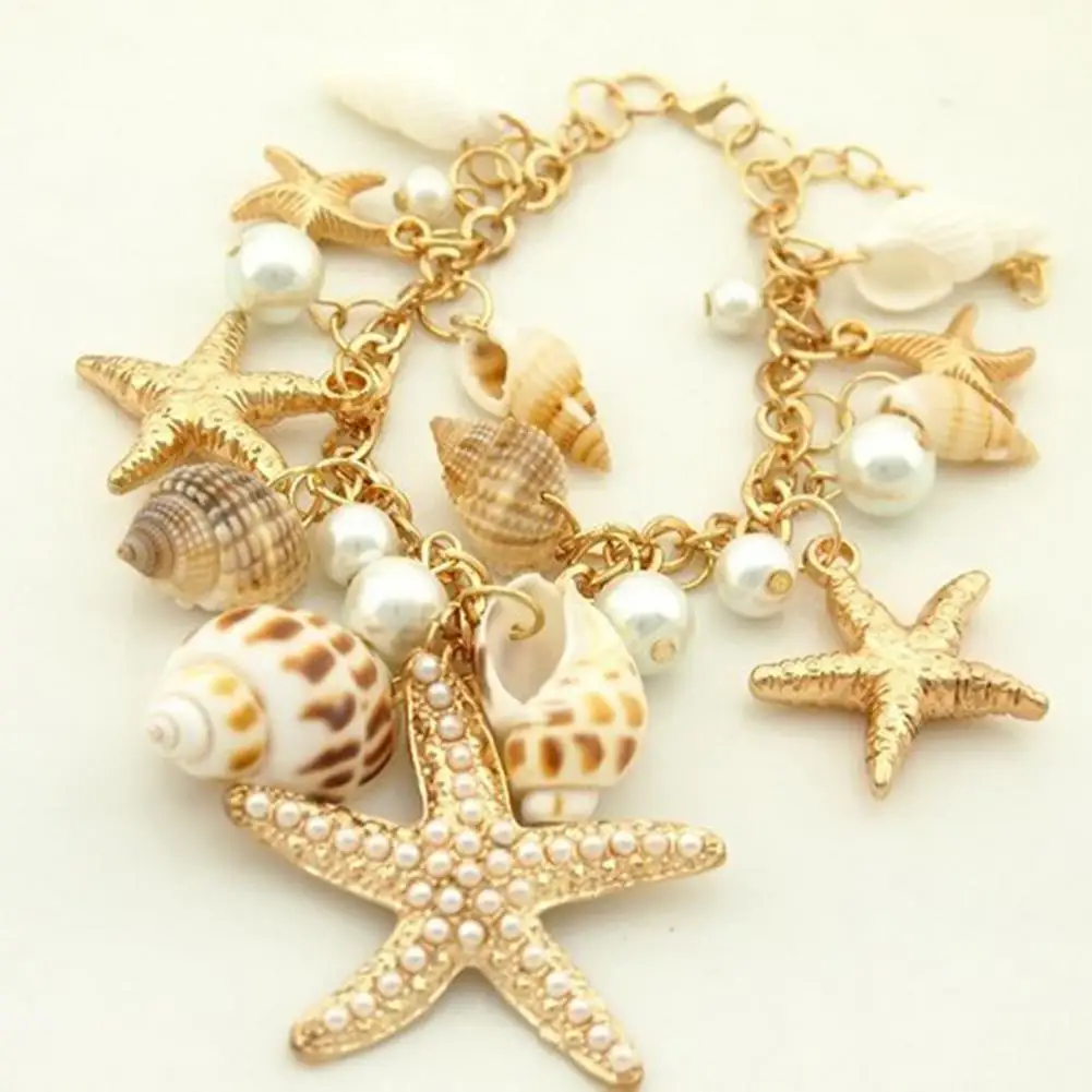 Women Beach Bracelet Cute Adjustable Gold Plated Ocean Faux Pearl Shell Starfish Link Chain Beach Bracelet