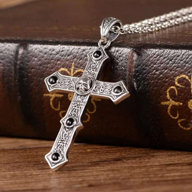 

BOCAI Real s925 Silver Jewelry Punk Style 2021 Trend Retro Skull Lace Cross Men’s Pendant