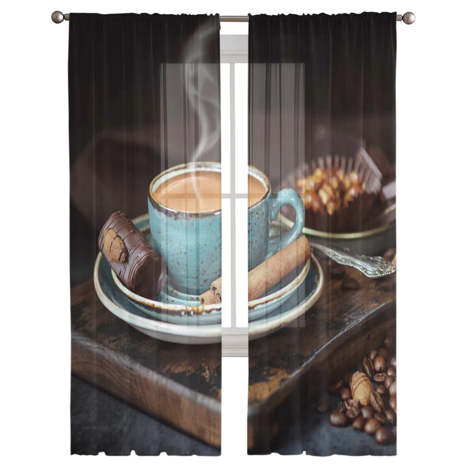 Coffee Cup Coffee Beans Modern Curtain For Living Room Transparent Tulle Curtains Window Sheer For The Bedroom Accessories Decor