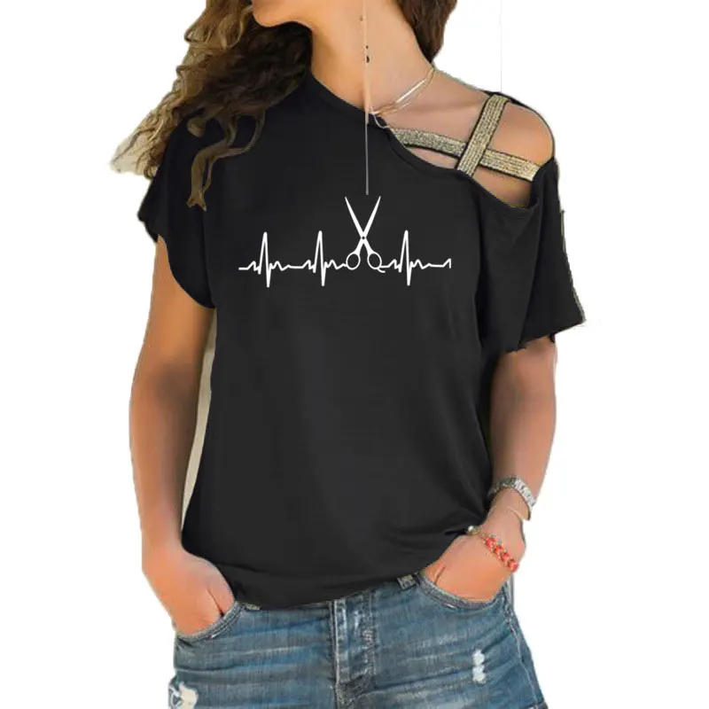 New Summer Heartbeat Hairdresser T Shirt Women Short Sleeve Girls Tshirt Barber T-shirt Irregular Skew Cross Bandage Tee