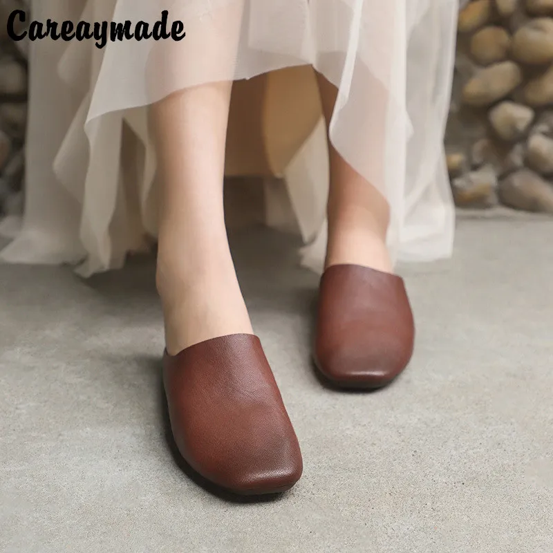 Careaymade-Summer 100% Genuine leather women slippers,Fashion colors casual comfort lazy shoes,handmade Flat Half slippers