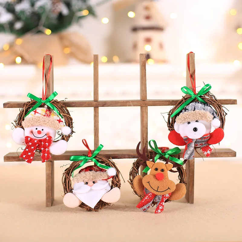 

New Year Party Home Decoration Baubles Mini Santa Doll with Rattan Circle DIY Christmas Hanging Ornaments Holiday Pack of 4pcs