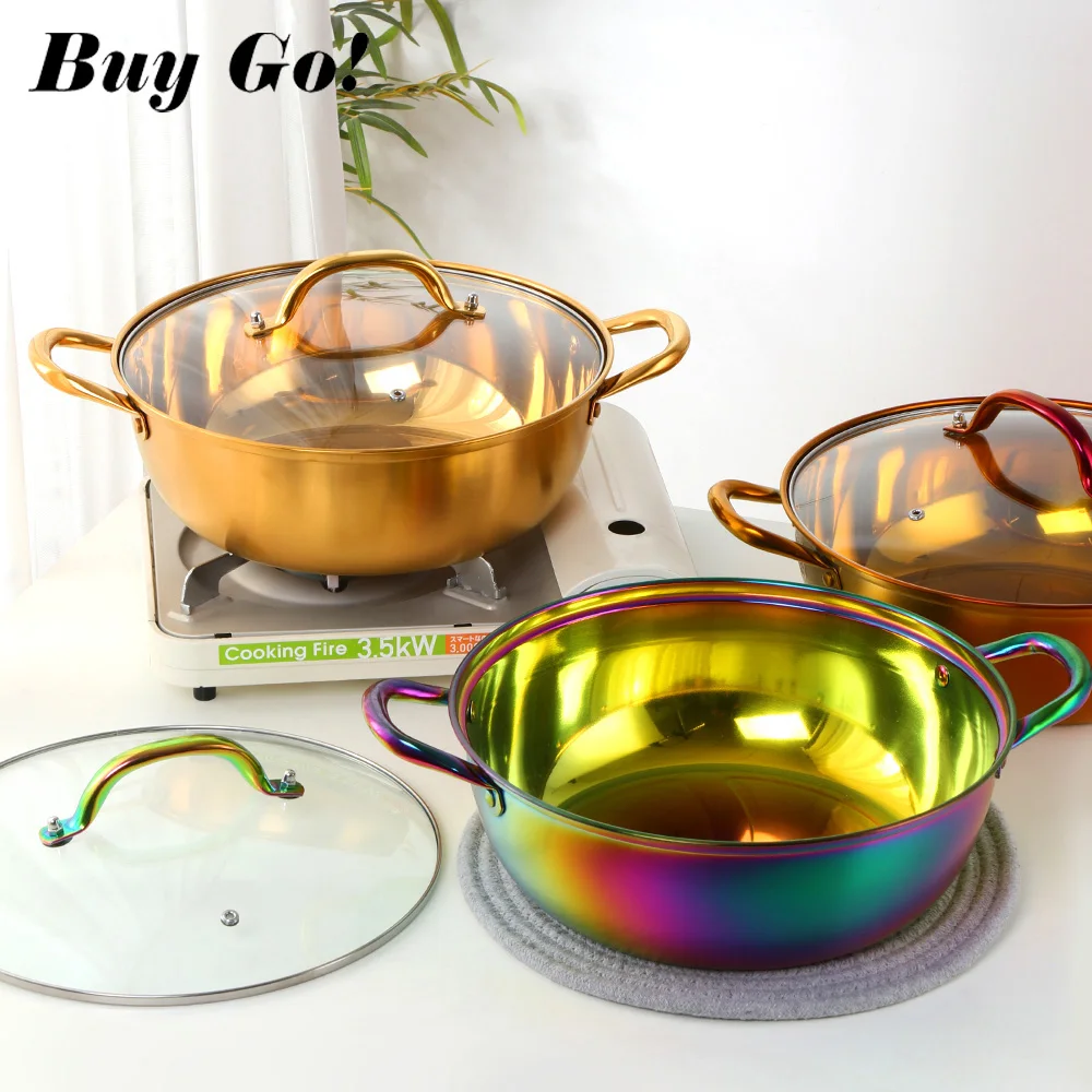 Durable Stainless Steel Copper Hot Pot Compatible Pot Home Kitchen Cookware Soup Table Cooking Pot with Glass Lid Twin Divided