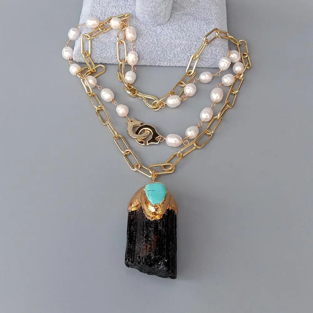 YYGEM Freshwater White Rice Freshwater Pearl Gold Filled Chain Natural Black Tourmaline Rough Pendant Necklace 18" #6