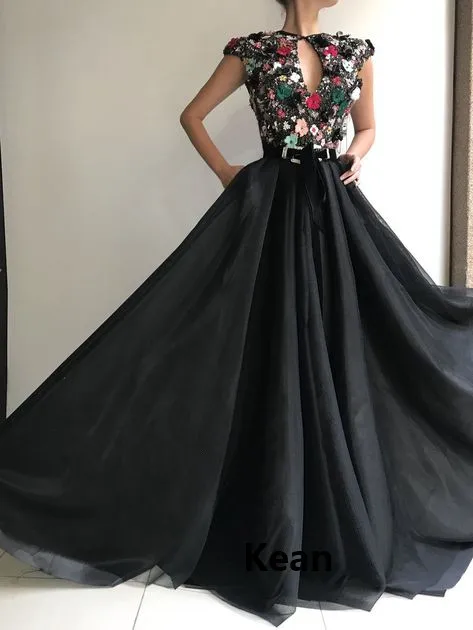 

Black vestidos de festa Evening Dresses V-neck Sequin Lace Flowers Islamic Dubai Kaftan Saudi Arabic Evening Gown Prom Dress