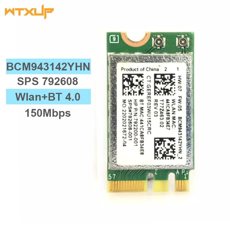 Carte adaptateur sans fil Broadcom BCM943142Y 150Mbps, Wlan + Bluetooth M.2 NGFF WiFi BT 4.0 stérilisation 11b/g/n SPS: 792608-001