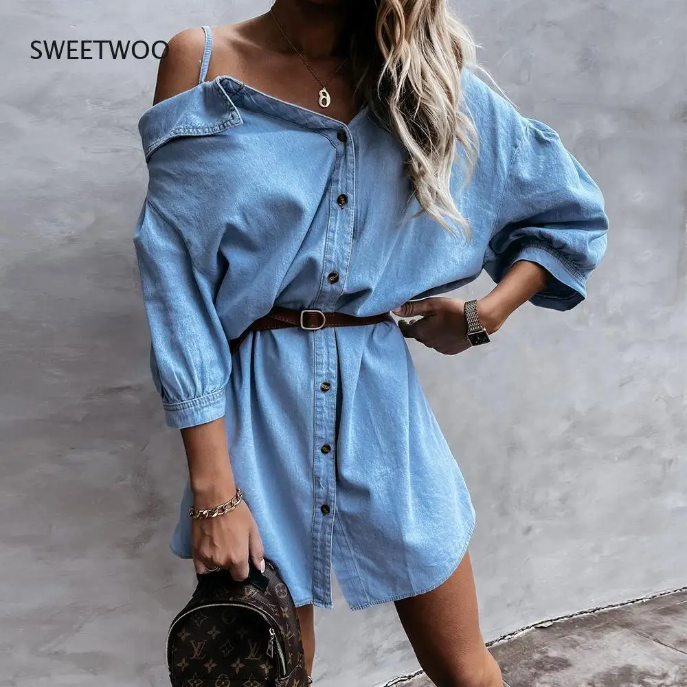 2021 Spring and Summer Dress Women Loose Suspenders Five-Point Lantern Sleeve Sexy Denim Shirt Dress Without Belt