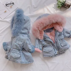 Giacche di jeans invernali bambini neonata cappotto con cappuccio pelliccia pile velluto manica lunga cappotti spessi caldi 1-6 anni bambini capispalla abiti