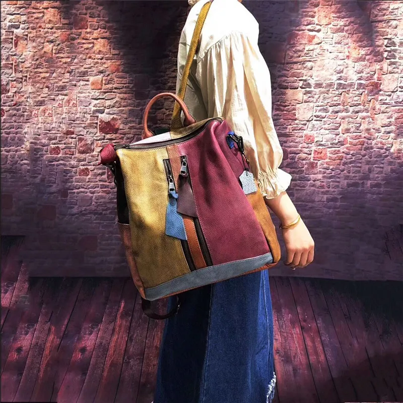 Nesitu Unique High Quality Large Capacity A4 Vintage Colorful Genuine Leather Women Backpack Female Girl Lady Shoulder Bags M521