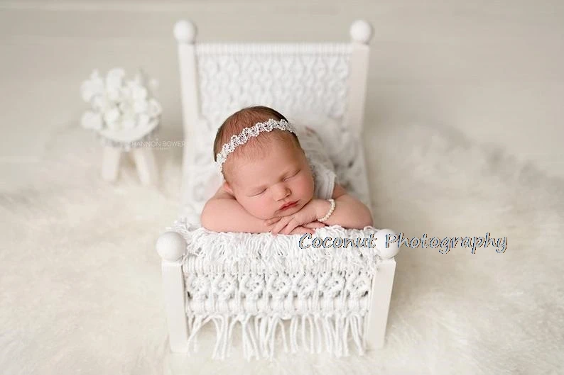 Coconut Newborn Photography Props Original Baby Crib White Shooting Assisted Solid Wood Hand-woven Posing Props With Tassels