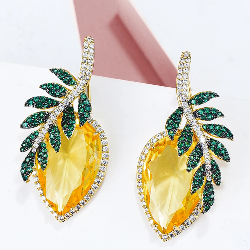 GODKI Trendy Leaf Feather aretes Aros Stud Earrings For Women Wedding Accessories Cubic Zirconia Jewelry pendientes mujer moda