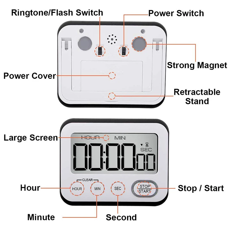 Digital Kitchen Countdown Timer: Teachers Classroom Counter Large LCD Loud netic Clip Kids Simple Clock Mini Small Stopwatch