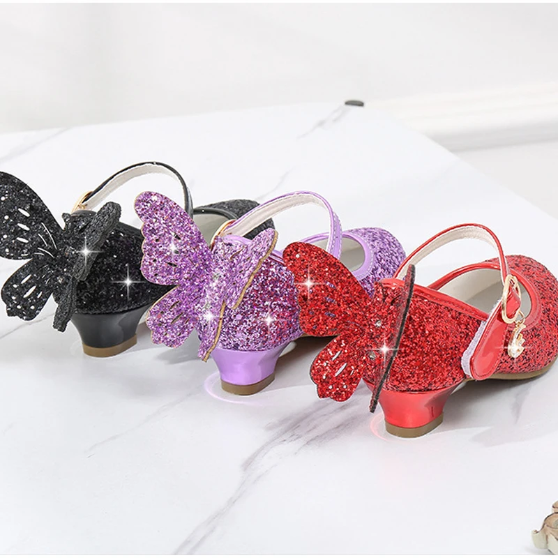 Party Shoes for Girls Low-heeled Glitter Sequin Shoes Butterfly Back Flower Girls Princess Sparkle Shoes Birthday Solid Color 3t