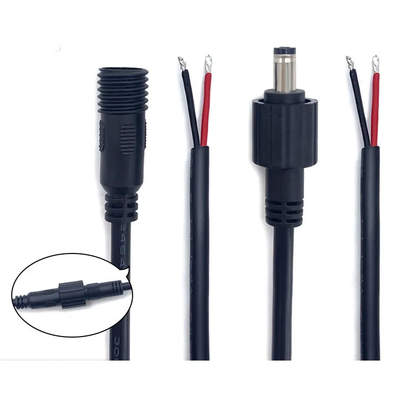 DC 5.5*2.1MM male female waterproof cable with Nut For Solar street light Led Hight currtent DC power cord