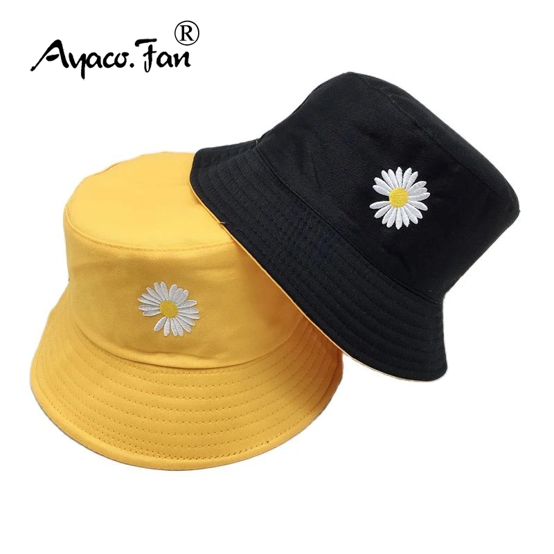 Summer Women Bucket Fishing Hats Sunscreen Sun Cap Little Daisies Embroidery Double-sided Wear Spring Lady Student Fisherman Hat