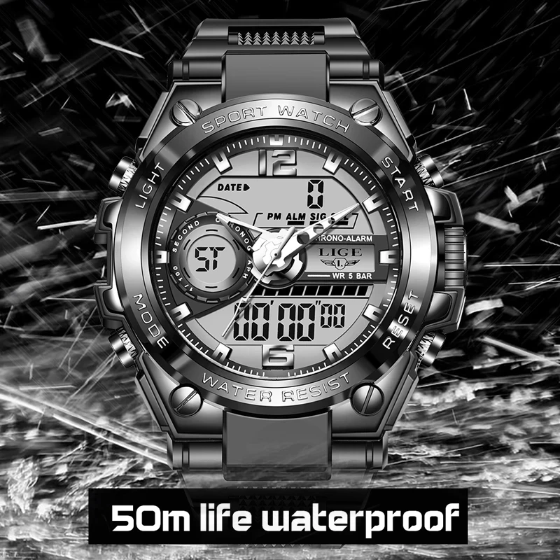 2023 LIGE Sport Men Quartz Digital Watch Creative Diving Watches Men Waterproof Alarm Watch Dual Display Clock Relogio Masculino