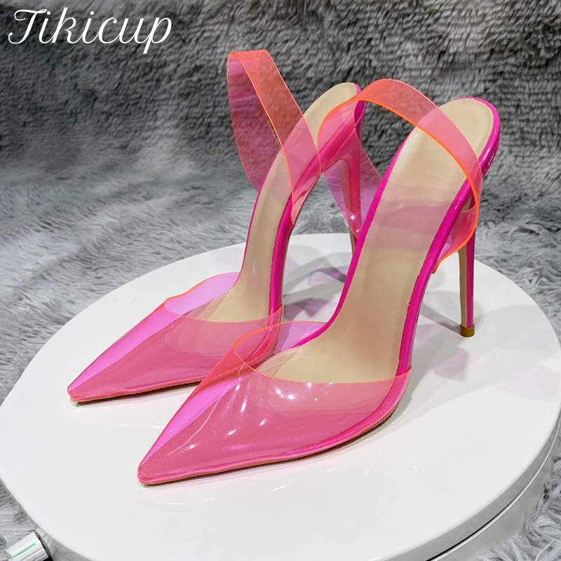 Tikicup Transparent Fuchsia Pink Women PVC Pointy Toe High Heel Shoes Summer Designer Ladies Slingback Stiletto Pumps Customize