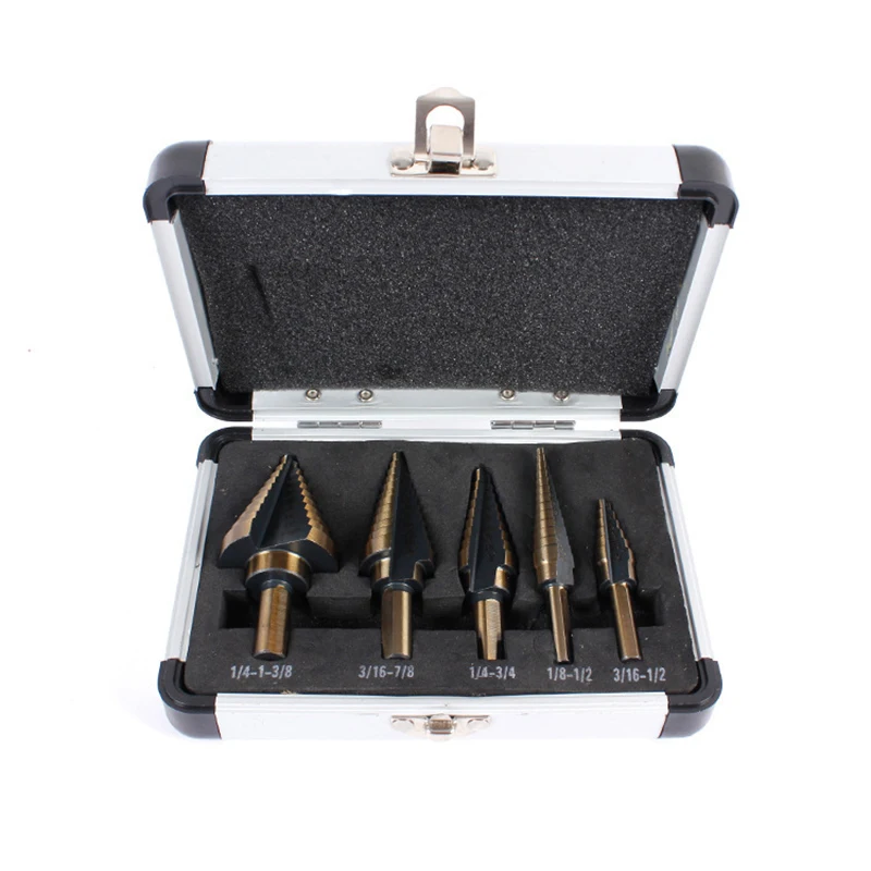 Five-piece aluminum box steel plate puncher inch 5pc roasted yellow triangle hole reaming pagoda drill bit bench step drill