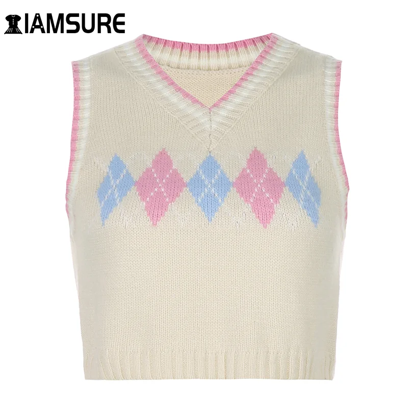 IAMSURE Casual Argyle Plaid Sweater Vest Women Elegant Winter Sleeveless 90\'s Aesthetic Sweater Knit Vintage V-Neck Crop Top