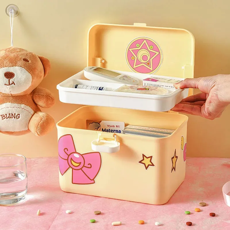 2 Layer Cute Storage Box Medical First Aid Kit for Child Family Emergency Kit Box Plastic Dispensing Box with Handle