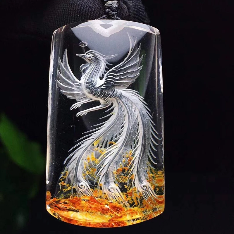 

Flower Natural Ghost Crystal Pendants Hand Carved Phoenix Pendant Sweater Chain Necklace Lucky for Women Men Fashion Jewelry