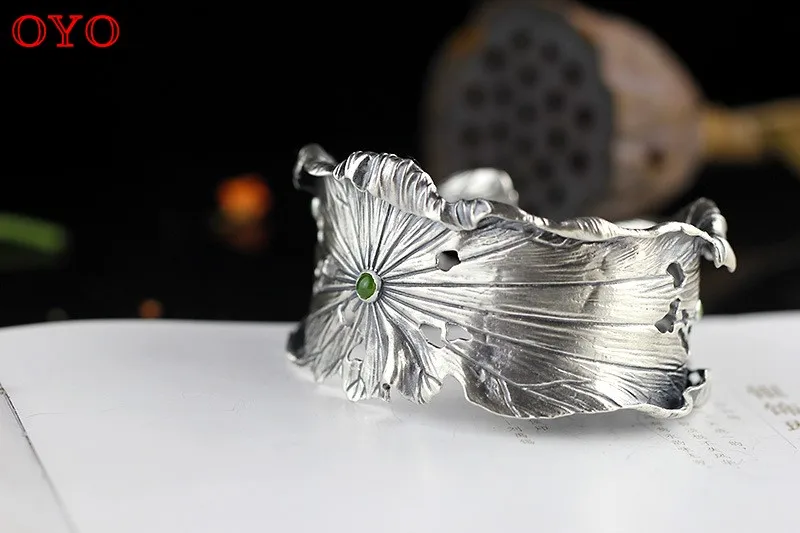 925 Sterling Thai Silver Bracelet Pure Silver Jewelry Handmade Exaggerated Lotus Leaf Hetian Jasper Bracelet