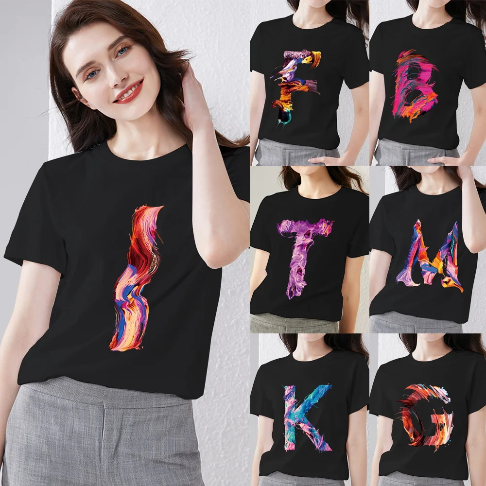 

Simple Women Clothing T-shirt Casual Jacket Black Commuter 26 Letters Initial Name Printing Ladies Fashion O-neck Short Sleeves