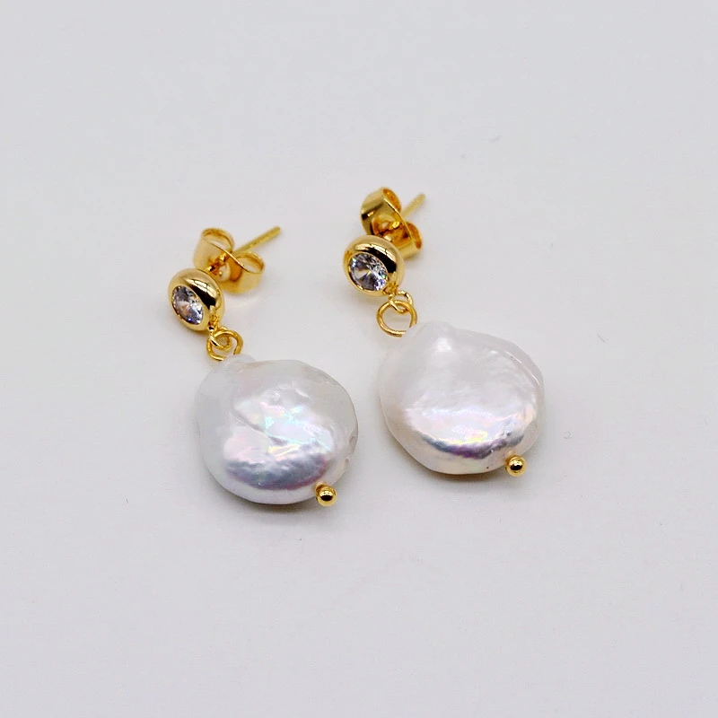 Pearl Earrings White Natural Pearl Pendant Cubic Zirconia Baroque Gold Women Earrings
