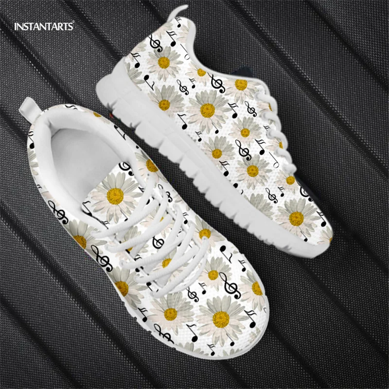 

INSTANTARTS Women Musical Notes Small Daisies Pattern Pure White Printed Lace-up Footwear Comfortable Lightweight Sneaker mujer