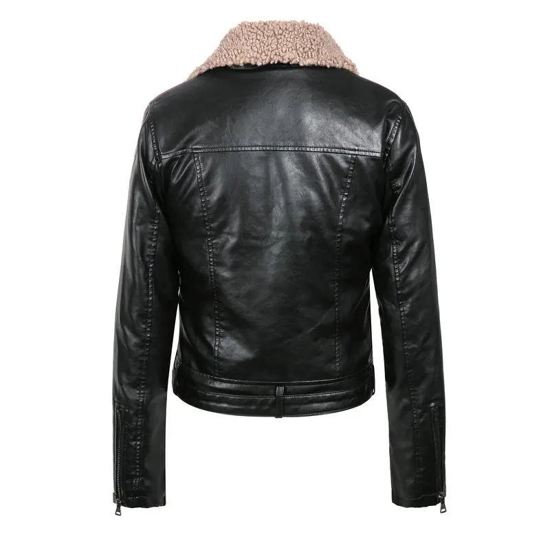 Women Winter Thick Warm Faux Leather Jackets Lady Coffee Fur Flocking Zipper Motorcycle Black Streetwear Coats Nice New Fashion