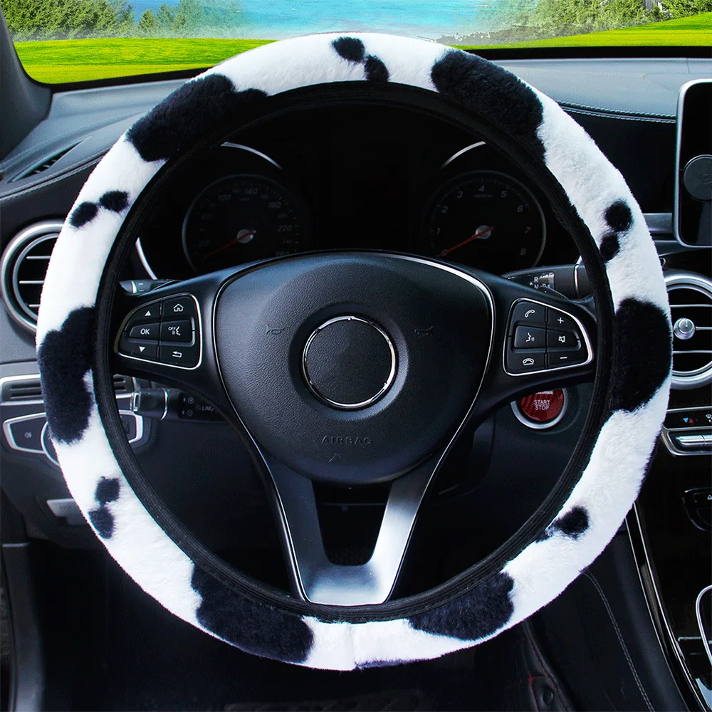 Car Steering Wheel Cover Protector Warm Thick Soft Plush Interior Decoration Cute Cow Fashion Automotive Accessories Universal