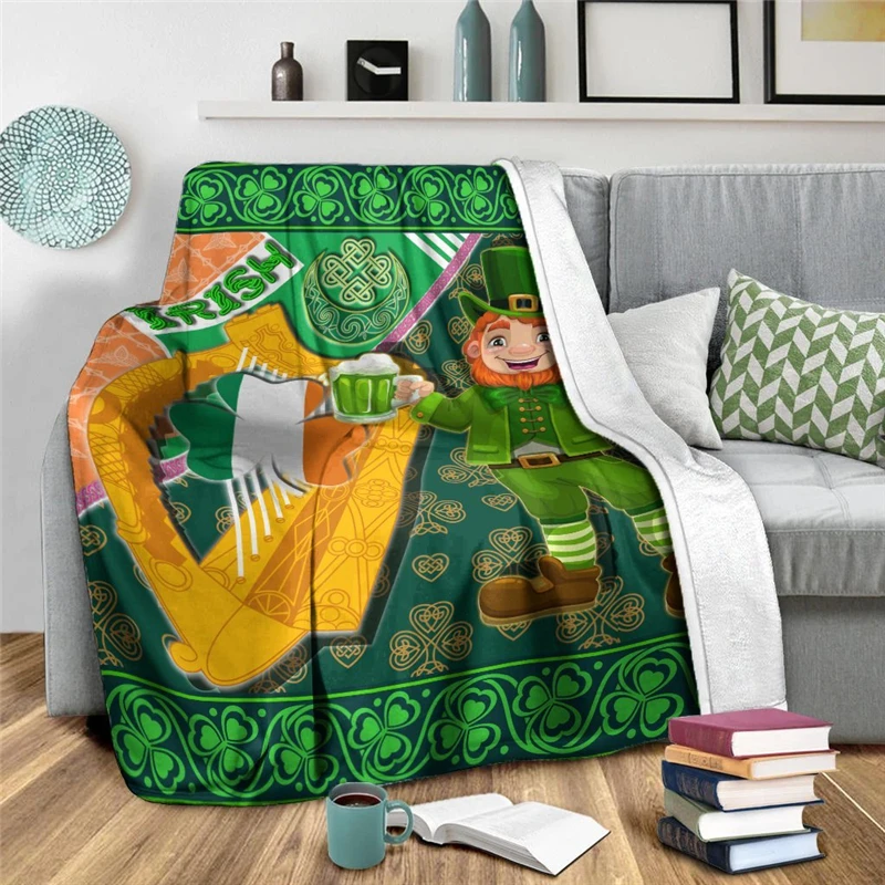 Leprechaun with Shamrock and Traditional Harp Flannel Blanket 3D Kids Quilt Home Life Travel Airplane Portable Throw Blanket