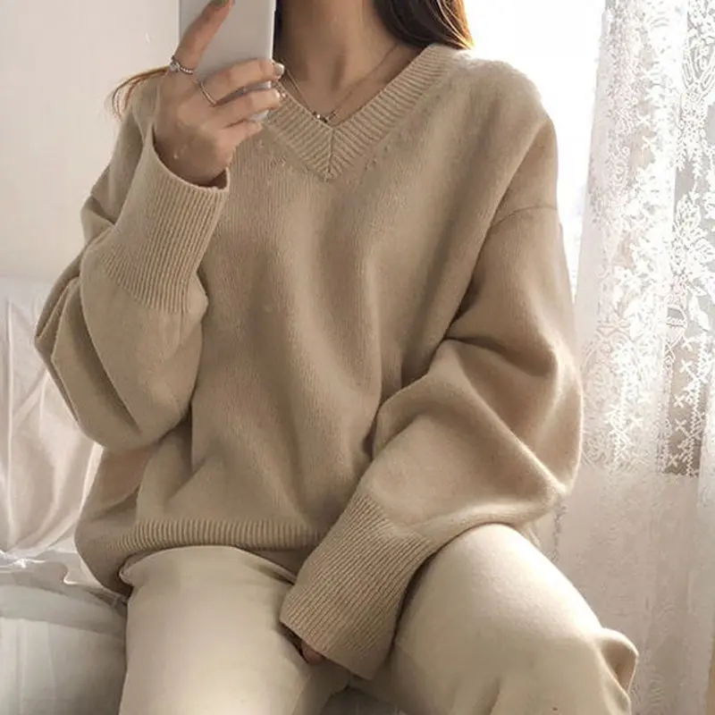 Sweater Pullovers Women Spring New Chic Solid V-neck All-match Loose Simple Female Fashion Vintage Elegant Clothing Leisure Soft