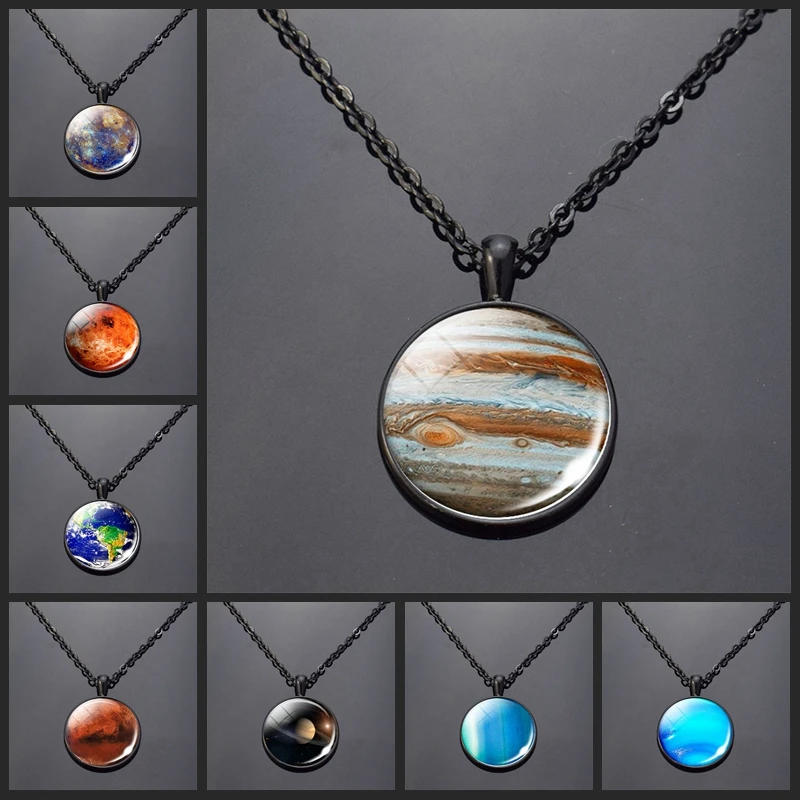 Fashion Charm Necklace Mercury Planets Venus Earth Mars Jupiter Neptune Pendant Glass Cabochon Galaxy Universe Space Jewelry