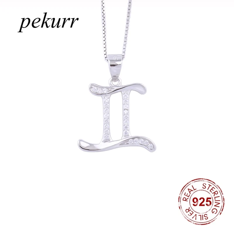 Pekurr 925 Sterling Silver Gemini Zircon Horoscope Necklaces For Women Constellation Pendant Zodiac Sign Numerals 2 Fine Jewelry