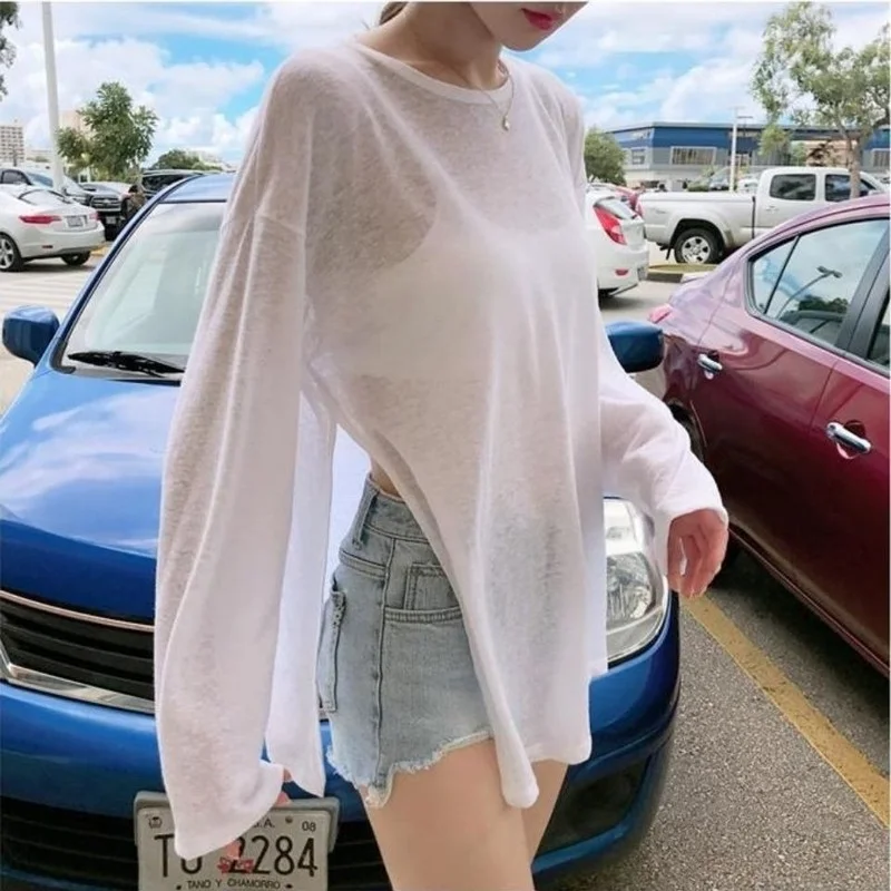 T-shirts Women Side-slit Design Summer Sheer Chic Popular Students Streetwear Pure Color Thin Sunscreen Loose Soft Ins Korean