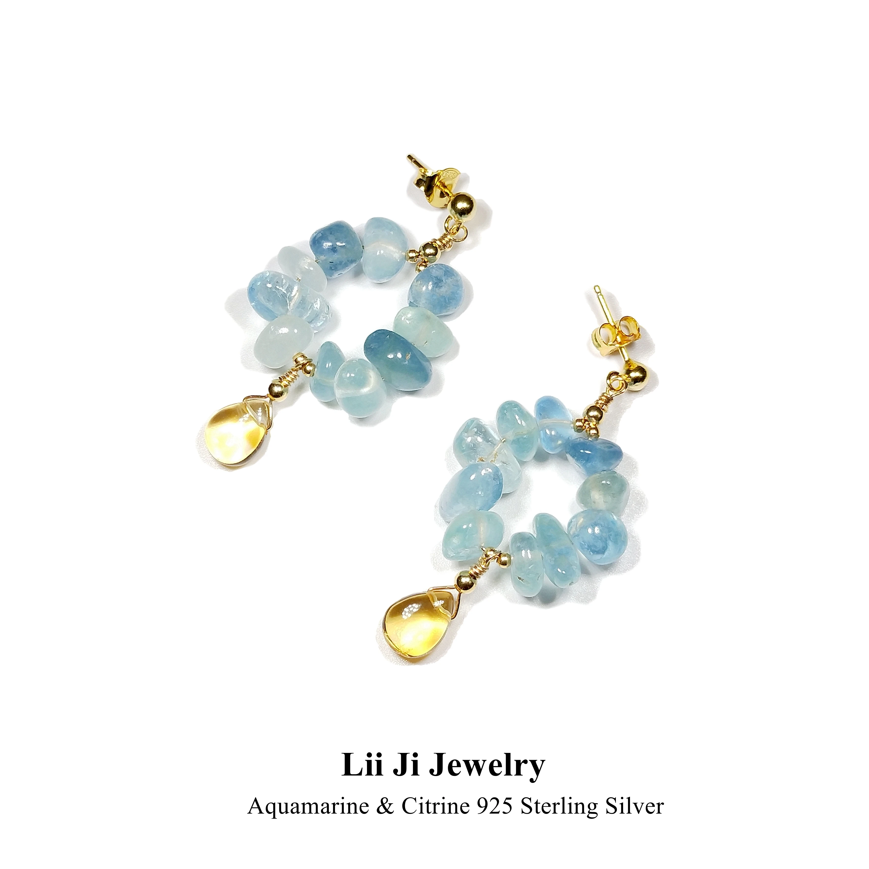 Lii Ji Natural Aquamarine Citrine 925 Sterling Silver Stud Earrings Gold Plated Exquisite Jewelry Femme Gift