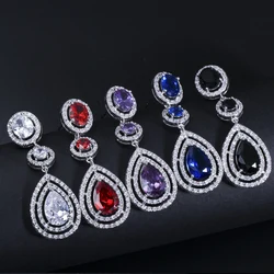 ThreeGraces Elegant White Red Cubic Zirconia Stone Long Big Dangle Bridal Wedding Engagement Earrings Jewelry for Brides E1343