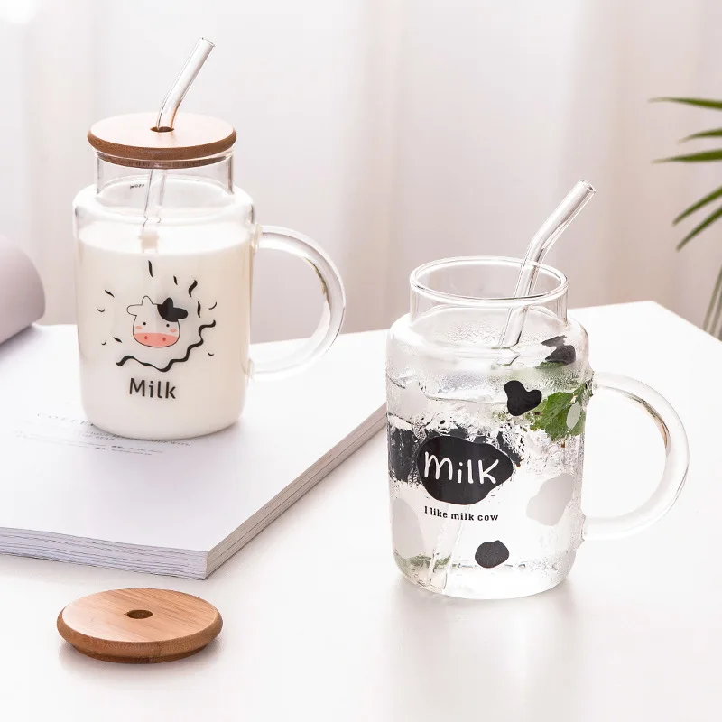 Glass Mug with Cow Element Prints, Lid and Straw, Scale Up to 450ml, 480ml, 16oz, 1 Pc