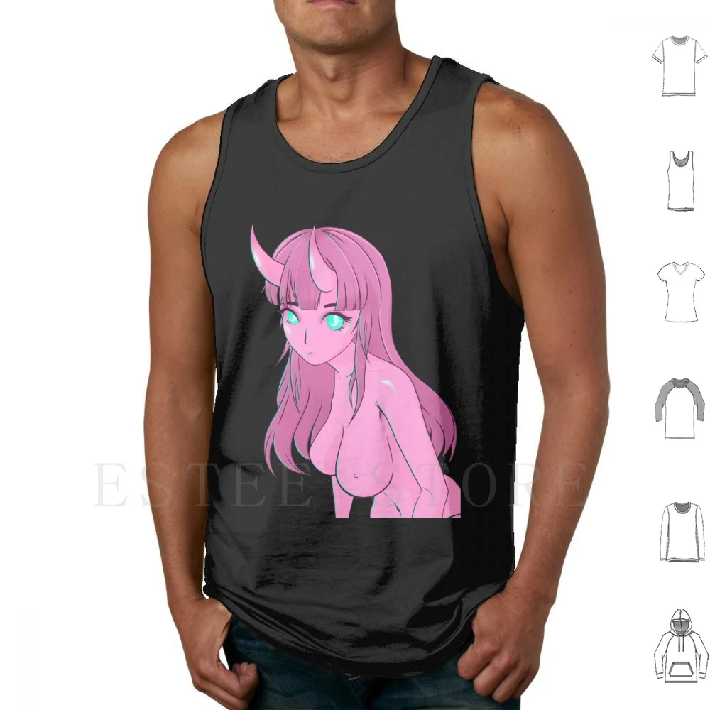 Sweet Oni Pink Tank Tops Vest Sleeveless Neon Oni Oni Girl Demon Demon Girl Cute Anime Kawaii Vaporwave Aesthetic