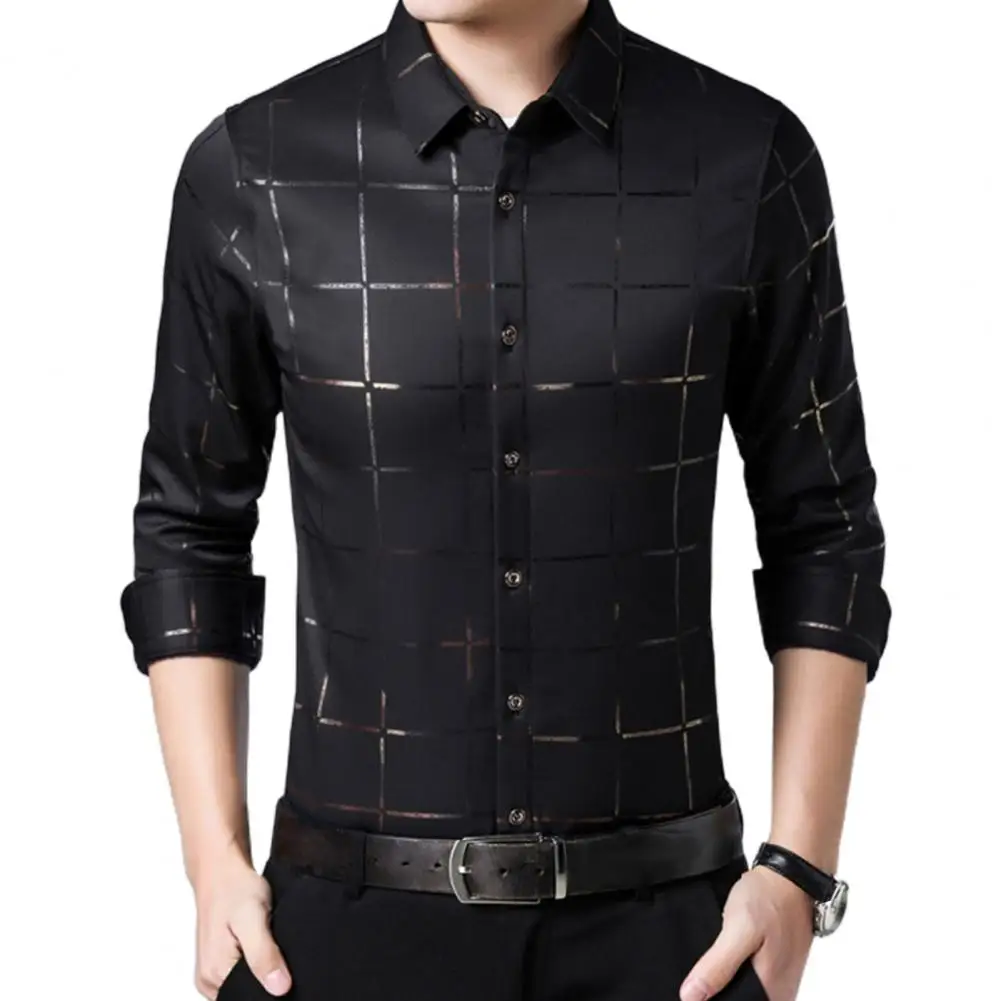 Slim Male Dress Shirt Large Plaid Satin Surface Non-iron Turn Down Collar Single Breasted Casual Business Shirts for Men